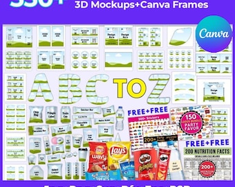 Może przedstawiać: Grafika cyfrowa z tekstem "350+ Party Favor Bundles Templates" i "Logos Nutrition Facts". Obraz zawiera szablony, makiety i ramki Canva na upominki na przyjęcia, z różnymi wzorami opakowań na przekąski i żywność.