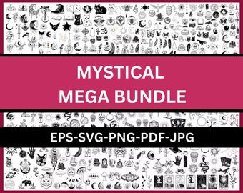 Könnte beinhalten: Ein digitales Kunstpaket mit einem rosa Hintergrund und schwarzem Text, der "MYSTICAL MEGA BUNDLE" lautet. Das Bild zeigt verschiedene mystische Illustrationen in Schwarzweiß, darunter Monde, Katzen und Tarotkarten. Das untere Banner lautet "EPS-SVG-PNG-PDF-JPG".