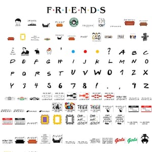Puede incluir: Una colección de gráficos y elementos de texto con temática de Friends. Incluye el logotipo del programa, ilustraciones de personajes, frases icónicas como "PIVOT" y varios otros iconos y textos relacionados. El diseño es en negro, blanco y amarillo.