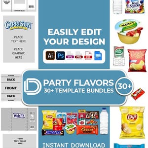 May include: A digital design template featuring various snack food packaging and a CapriSun label. The text includes "Party Flavors" and "Instant Download to Use." The image showcases a variety of snacks, including chips, fruit snacks, and candy.