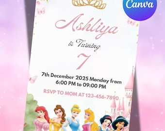 Editable Princess Birthday Invitation | Canva Template (PDF)