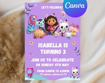 Gabby's Dollhouse Birthday Invitation: Canva Gabby Editable Kids Party Invite (PDF)