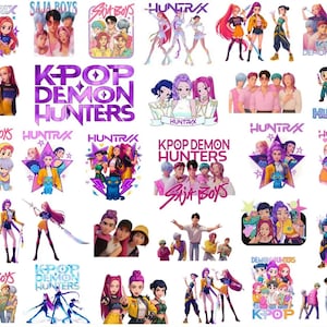 May include: A collection of colorful graphic designs featuring the text "HUNTRIX", "SAJA BOYS", and "K-POP DEMON HUNTERS". The designs include illustrations of anime-style characters in various poses and outfits, with vibrant color schemes.