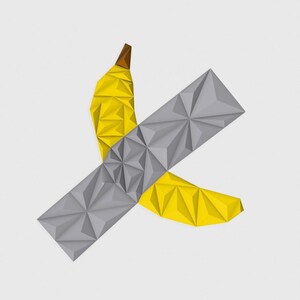 May include: Geometric artwork featuring a yellow banana with a brown stem, intersected by a gray, faceted, rectangular shape. The banana and the gray shape are set against a white background, creating a modern, abstract composition.