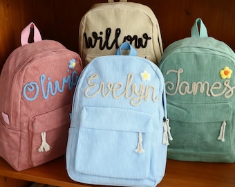 名前入り子供用バックパック、刺繍入りコーデュロイバックパック、子供用スクールバッグ、子供用ギフト、スクールバッグ