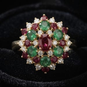 Natural Garnet & Emerald Ring | Stunning 14k Solid Gold Ring | Statement Gemstone Ring | Moissanite Multi Stone Ring | Wedding Gold Ring