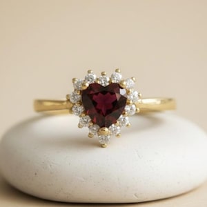 14k Gold Heart Garnet Ring | Dainty Red Gemstone Jewelry Gift