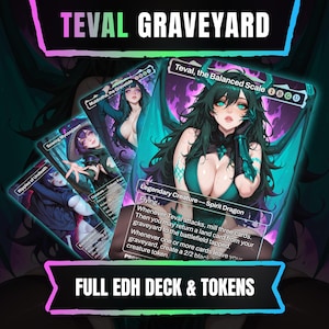 Könnte beinhalten: Eine Sammlung von Sammelkarten mit dem Titel Teval Graveyard und Full EDH Deck & Tokens. Die Karten zeigen Anime-Illustrationen von Charakteren mit dunklem Haar und türkisfarbenen Akzenten, darunter Teval, the Balanced Scale, Muldrotha, the Gravetide und Ripples of Undeath, vor einem dunklen, leuchtenden violetten und türkisfarbenen Hintergrund.