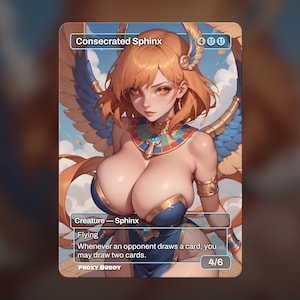 Puede incluir: Una carta de arte de fantasía que presenta una esfinge femenina con cabello naranja, alas azules y un atuendo azul y dorado. La carta está etiquetada como "Consecrated Sphinx" con texto que indica que es una criatura con la capacidad de robar cartas. El poder y la resistencia de la carta se enumeran como 4/6.