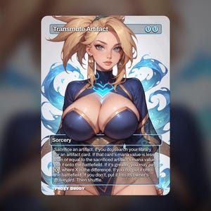 May include: A rectangular trading card titled Transmute Artifact featuring a blonde character in a dark blue outfit with gold accents. The card displays blue water-like swirls in the background and includes game text describing a sorcery spell.