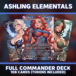May include: Three fantasy-themed trading cards featuring female characters. The cards display the text "Ashling Elementals" at the top and "Full Commander Deck 108 Cards (Tokens Included)" at the bottom. Each card has unique artwork and game text.