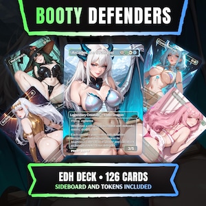 Può includere: Una collezione di 126 carte collezionabili intitolata Booty Defenders, con illustrazioni di personaggi in stile anime su ogni carta. La carta centrale mostra Arcades, the Strategist, con testo che descrive le abilità di gioco della carta.