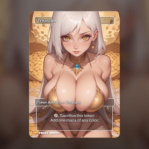 Puede incluir: Una carta de juego coleccionable titulada Treasure que presenta la ilustración de un personaje de largo cabello blanco y ojos ámbar con un bikini dorado y un collar de gema azul, sobre un fondo de monedas de oro con texto de juego.