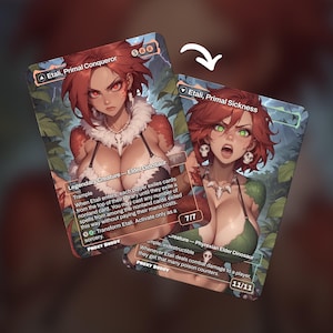 Puede incluir: Dos cartas coleccionables rectangulares con ilustraciones estilo anime. La carta de la izquierda se titula Etali, Primal Conqueror con pelo y ojos rojos. La carta de la derecha es Etali, Primal Sickness con pelo rojo y ojos verdes, unidas por una flecha.