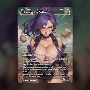 May include: A collectible trading card titled Ulamog, the Defiler featuring an illustration of a character with purple hair, green eyes, and a dark outfit. The card displays game text, a mana cost of 10, and power and toughness stats of 7/7.