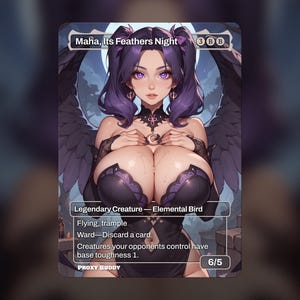 May include: A fantasy art card featuring a woman with purple hair and wings, titled "Maha, Its Feathers Night." The card includes game text describing the creature's abilities and stats. The artwork is detailed with a dark color palette.