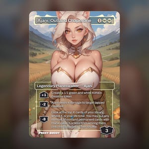 Peut inclure: Carte d'art fantastique représentant Ajani, Outland Chaperone. La carte montre un personnage féminin aux cheveux blancs et aux oreilles de chat, vêtue d'une tenue blanche et dorée. La carte comprend du texte détaillant les capacités et un coût de mana.