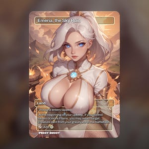 Pode incluir: Um cartão de fantasia com uma mulher de cabelo branco e olhos azuis, vestindo uma roupa branca e dourada. O cartão é rotulado como "Emeria, the Sky Ruin" e inclui texto do jogo. O cartão tem um fundo de paisagem e o texto "PROXY BUDDY".