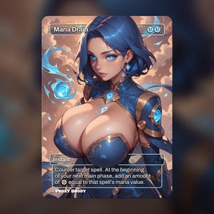 May include: A fantasy card featuring a woman with blue hair and eyes, wearing a blue and gold outfit. The card is labeled "Mana Drain" and includes text describing a spell. The card has a Proxy Buddy logo.