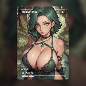 Puede incluir: Una carta proxy Mox Emerald que presenta a una mujer de fantasía con cabello y ojos verdes, vestida con un atuendo verde con detalles de esmeralda. La carta tiene el texto "Mox Emerald", "Artifact" y "Add G."