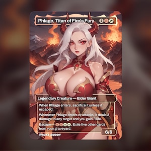 Pode incluir: Um cartão de arte fantástica com Phlage, Titan of Fire's Fury. O cartão retrata uma Elder Giant feminina com cabelo branco, olhos vermelhos e uma roupa vermelha e dourada. O fundo mostra uma paisagem montanhosa em chamas. O cartão tem o texto "PROXY BUDDY" e "6/6".