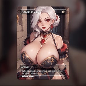 Puede incluir: Una carta de arte de fantasía titulada "Amulet of Vigor" que presenta a una mujer con cabello blanco y ojos rojos. La carta tiene un diseño negro y dorado con el texto "Artifact" e instrucciones del juego. La carta es de PROXY BUDDY.