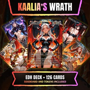 Op de afbeelding: Een verzameling van vijf geïllustreerde ruilkaarten met personages in anime-stijl, gecentreerd rond een Kaalia of the Vast-kaart. De bovenste tekst luidt KAALIA'S WRATH en de onderste tekst EDH DECK 126 CARDS SIDEBOARD AND TOKENS INCLUDED.