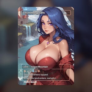 Può includere: Una carta d'arte fantasy con una donna con i capelli blu e gli occhi viola, che indossa un vestito rosso. La carta è etichettata "Thundering Falls" e "Land - Island Mountain". Il testo della carta include istruzioni per aggiungere mana e sorvegliare.