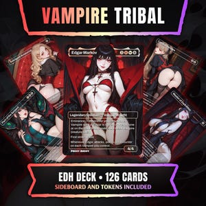 May include: A collection of 126 trading cards titled VAMPIRE TRIBAL, featuring anime-style illustrations of characters in red and black outfits. The central card displays Edgar Markov, a legendary creature, with text detailing game abilities.