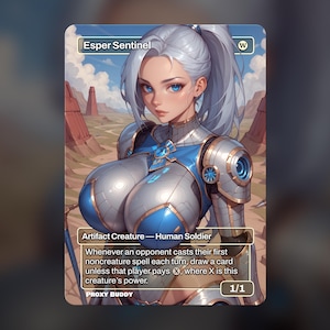 May include: A rectangular trading card featuring an illustration of a character with silver hair and blue eyes, wearing silver and blue metallic armor. The text Esper Sentinel, Artifact Creature - Human Soldier, and game rules are printed on the card.