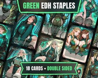 Groene EDH-nietjesbundel | 18 Anime Waifu-proxy's | Dubbelzijdige custom Commander-kaarten
