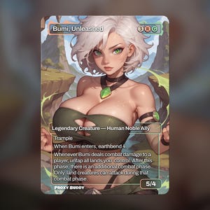 以下が含まれることがあります： 白い髪と緑の目を持つ、ブミという名前の女性キャラクターが描かれたトレーディングカード。カードは緑と茶色の配色で、「Bumi, Unleashed」と「Legendary Creature - Human Noble Ally」というテキストがあります。カードのパワーとタフネスは5/4です。