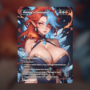 May include: A fantasy art card featuring a woman with red and blue hair, wearing a dark blue outfit. The card is titled "Ashling's Command" and includes game text. The background has ice and fire elements.