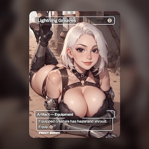 May include: A fantasy art card named "Lightning Greaves" depicting a woman with white hair and black armour. The card is an artifact-equipment, with text stating the equipped creature gains haste and shroud. The card has a cost of 2.
