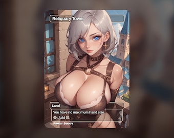 May include: A fantasy art card featuring a woman with silver hair and blue eyes. The card is labeled "Reliquary Tower" and includes text about hand size. The woman wears a brown outfit with a cityscape in the background.
