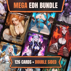 May include: A collection of trading cards titled MEGA EDH BUNDLE featuring various anime-style character illustrations. The set includes 126 double-sided cards with visible text labels such as Mox Amber, Damnation, and Seething Song on individual cards.