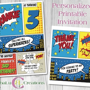 Superhero Birthday Invitation and matching Thank You. Printable Superhero Invite. Superhero Birthday. Custom Birthday Invitation. Superhero.