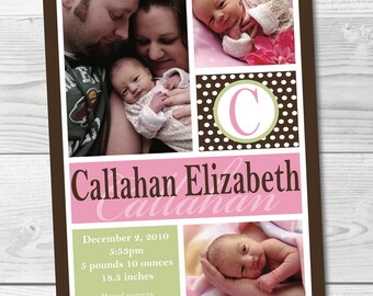 Baby Girl Birth Announcement. Printable Birth Announcement. Pink Baby Announcement. Personalized Birth Announcement. Newborn Announcement.
