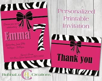 Pink Zebra Birthday Invitation and Thank You. Printable Pink Zebra Invite. Pink Zebra Birthday. Custom Birthday Invitation. Zebra party.