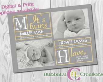 Twins Birth Announcement. Printable Boy/Girl Twin Announcement. Personalized Birth Announcement. Newborn Twins. Newborn Announcement.