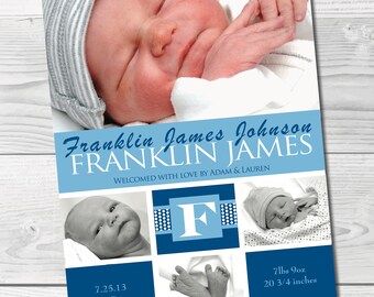 May include: A blue and white baby announcement card with a photo collage of a newborn baby. The card includes the baby's name, birth date, and weight. The text "Welcomed with love by Adam & Lauren" is also included.