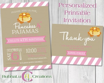 May include: A pink and brown invitation for a 4th birthday party with the text "Pancakes & Pajamas" and "Calli's 4th Birthday". The invitation includes a date, time, and location for the party. The invitation also includes a thank you card with the text "Thank you for helping me celebrate my birthday. Love, Calli."