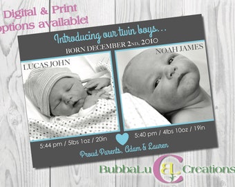 Twins Birth Announcement. Digital Twins Announcement. Personalized Birth Announcement. Photo Birth Announcement. Blue Newborn Announcement.