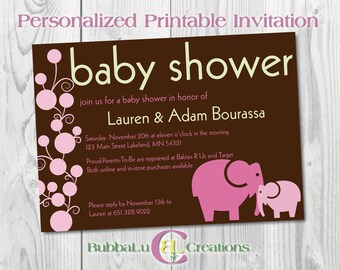 Digital Baby Shower Invitation. Personalized Baby Shower Invite. Girl Shower Invite. Elephant Baby Shower. Custom Baby Shower Invitation