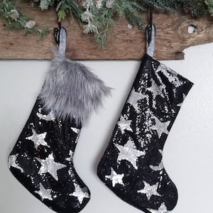 Black Sequin Christmas Stocking Stars Shiny Black and Silver Christmas Stocking Stocking Night Sky Astrology Stocking