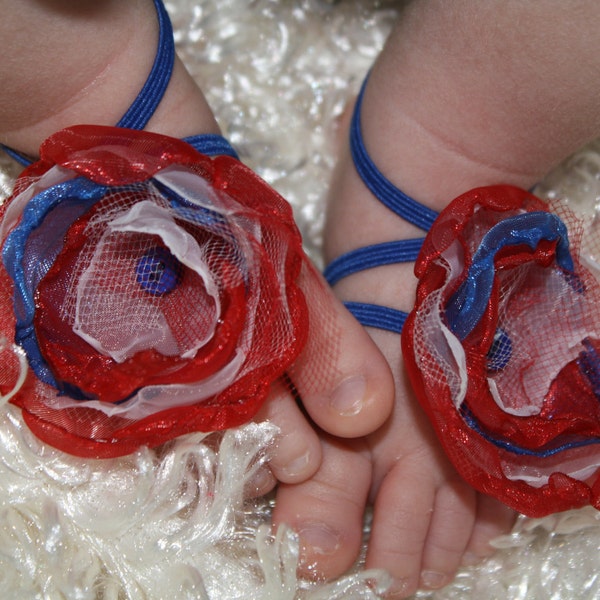 Barefoot Baby Sandals Mini Festive Fourth of July, Memorial Day Labor Day Flowers