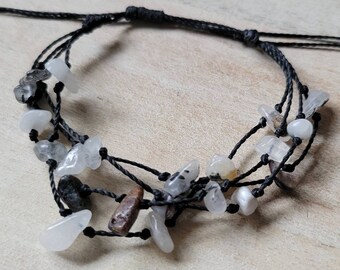 Quartz with Tourmaline Bracelets  Quartz bead Bracelets  Adjustable slip on Bracelets