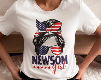 Chica Newsom con moño despeinado Elecciones Newsom 2028 Bandera estadounidense PNG