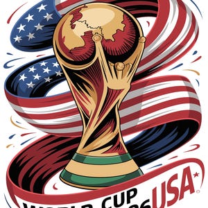 May include: Illustration of the World Cup trophy with a ribbon featuring the American flag. The text "WORLD CUP 2026 USA" is at the bottom. The trophy is gold, red, and brown, with a green base.