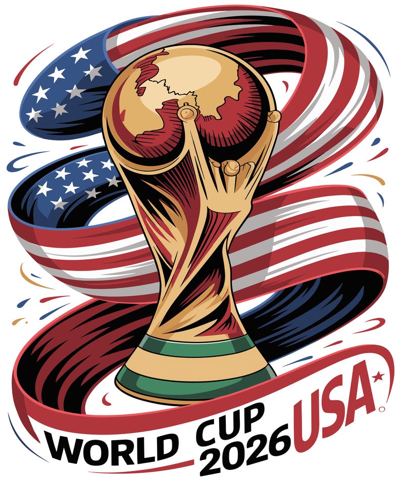 May include: Illustration of the World Cup trophy with a ribbon featuring the American flag. The text "WORLD CUP 2026 USA" is at the bottom. The trophy is gold, red, and brown, with a green base.